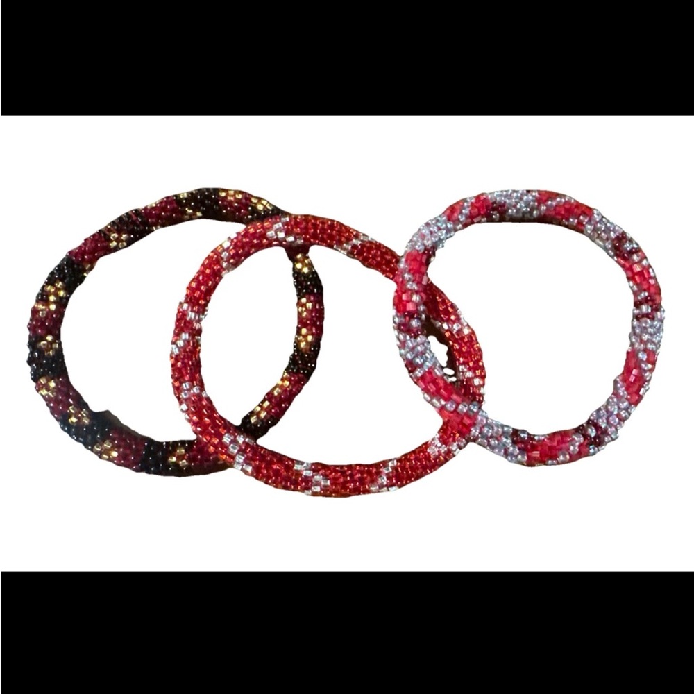 Set of 3 Glass Seed Bead Roll-On Stretch Bracelets Red Silver Black Gold